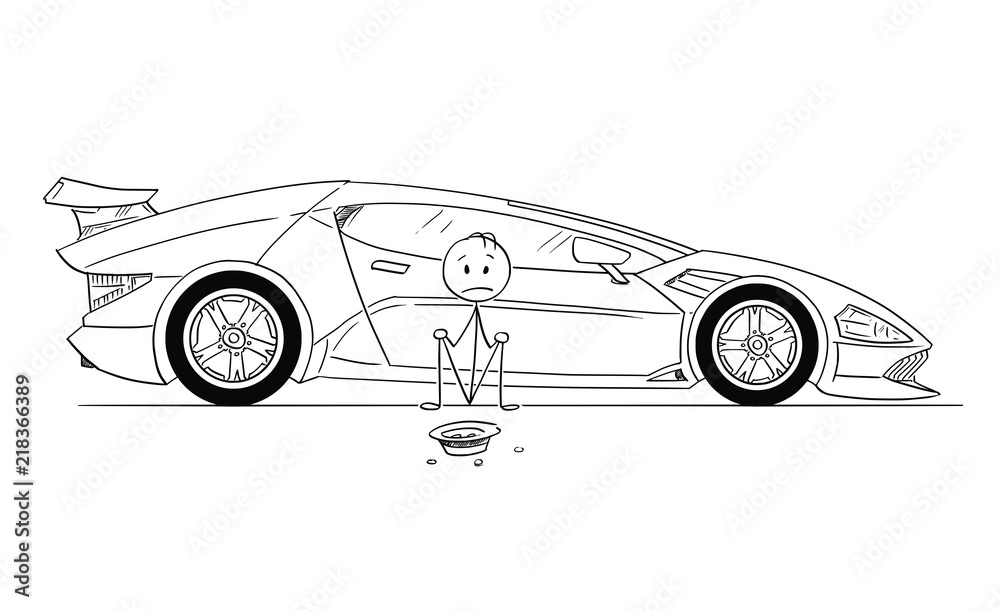 Cartoon stick drawing conceptual illustration of man, owner of expensive  super sport car, sitting and begging for gas money. Concept of luxury and  poverty. Stock Vector | Adobe Stock