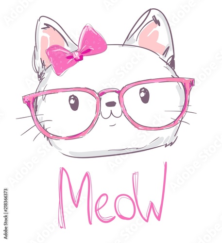 vector illustration, hand drawn cat with glasses.