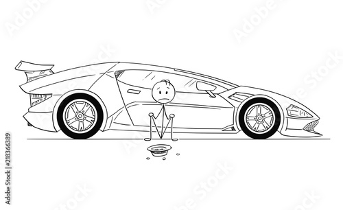 Cartoon stick drawing conceptual illustration of man, owner of expensive super sport car, sitting and begging for gas money. Concept of luxury and poverty.