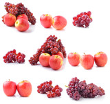 Ripe red apples and Grapes on white background.