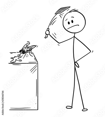 Cartoon stick drawing conceptual illustration of man hitting and killing a fly with swatter or flapper or fly-flap.