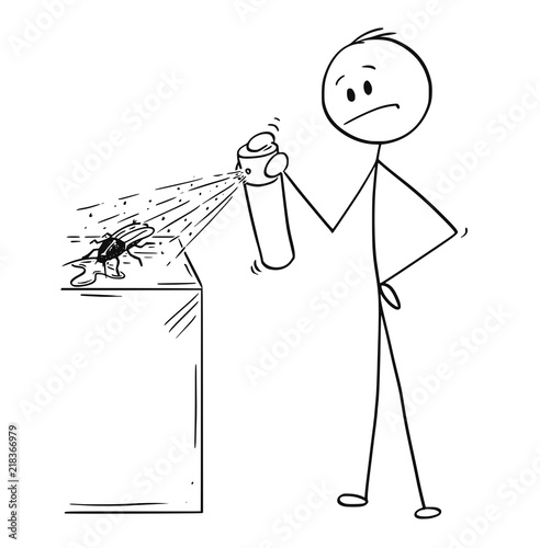 Cartoon stick drawing conceptual illustration of man hitting and killing a bug,cockroach or roach insecticide chemical spray.