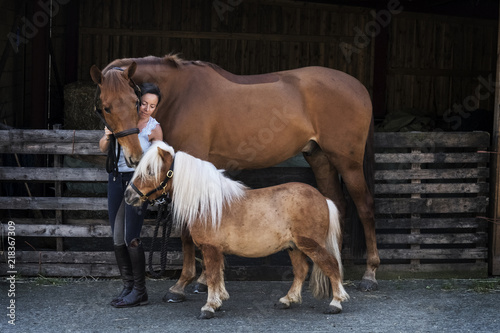 Woman standing outside stable, holding brown horse and a Shetland  pony by their bridles. 