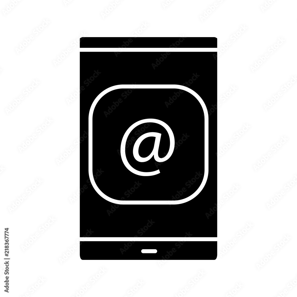 Smartphone screen with arroba sign glyph icon Smartphone screen with arroba sign glyph icon