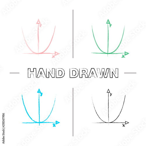 Coordinate system with parabola hand drawn icons set