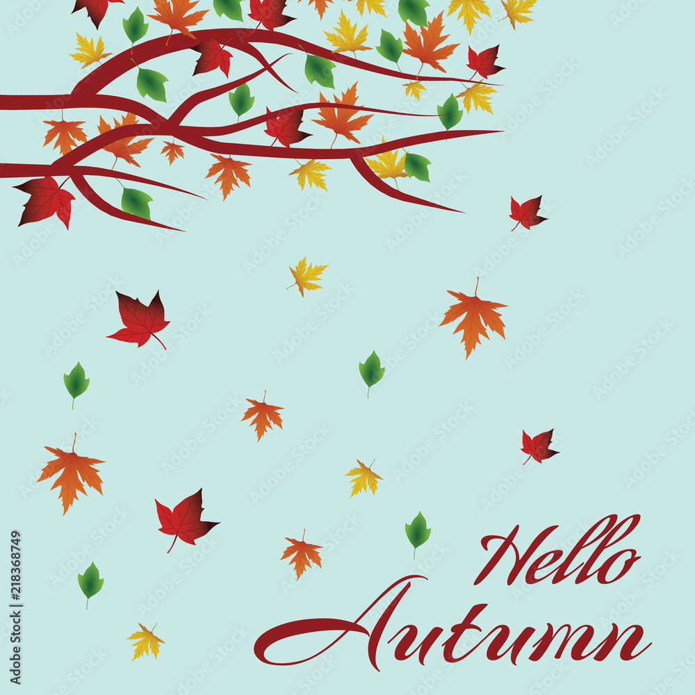 Autumn tree, hi autumn, fall leaves. Vector illustration for your concept. Vector background with red, orange, brown and yellow falling autumn leaves.