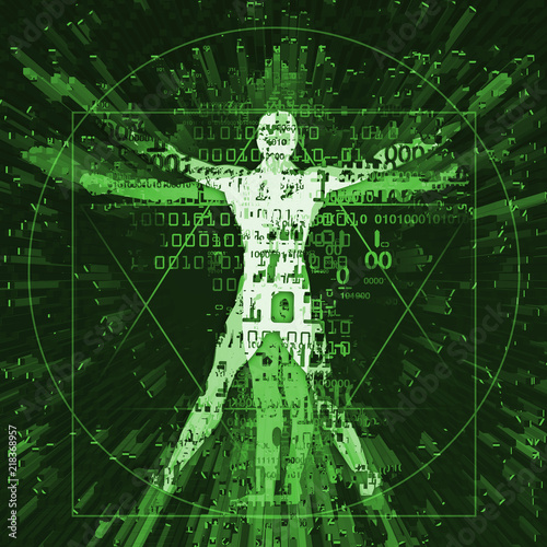 Vitruvian man of digital age, green background. 
Illustration of vitruvian man with a binary codes symbolized digital age on green background. Concept for danger of cyber space