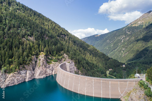 Dam wall of Frera. Hydroelectric plant in Valtellina, Val Belviso. Italian Alps