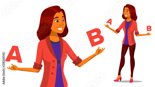 European Woman Comparing A With B Vector. Creative Idea. Balancing. Customer Review. Compare Objects, Purchases, Ideas, Strategies. Isolated Flat Cartoon Illustration