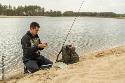 fisherman, tackles, backpack, fishing, lake, hobby, sits,