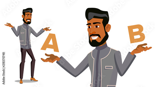 Arab Man Comparing A With B Vector. Balance Of Mind And Emotions. Client Choice. Compare Objects, Ways, Ideas.Isolated Flat Cartoon Illustration