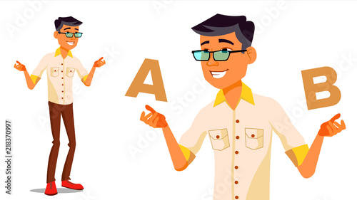 Asian Man Comparing A With B Vector. Good Idea. Carrying A Balance. Blogger Review. Compare And Choose. Isolated Flat Cartoon Illustration