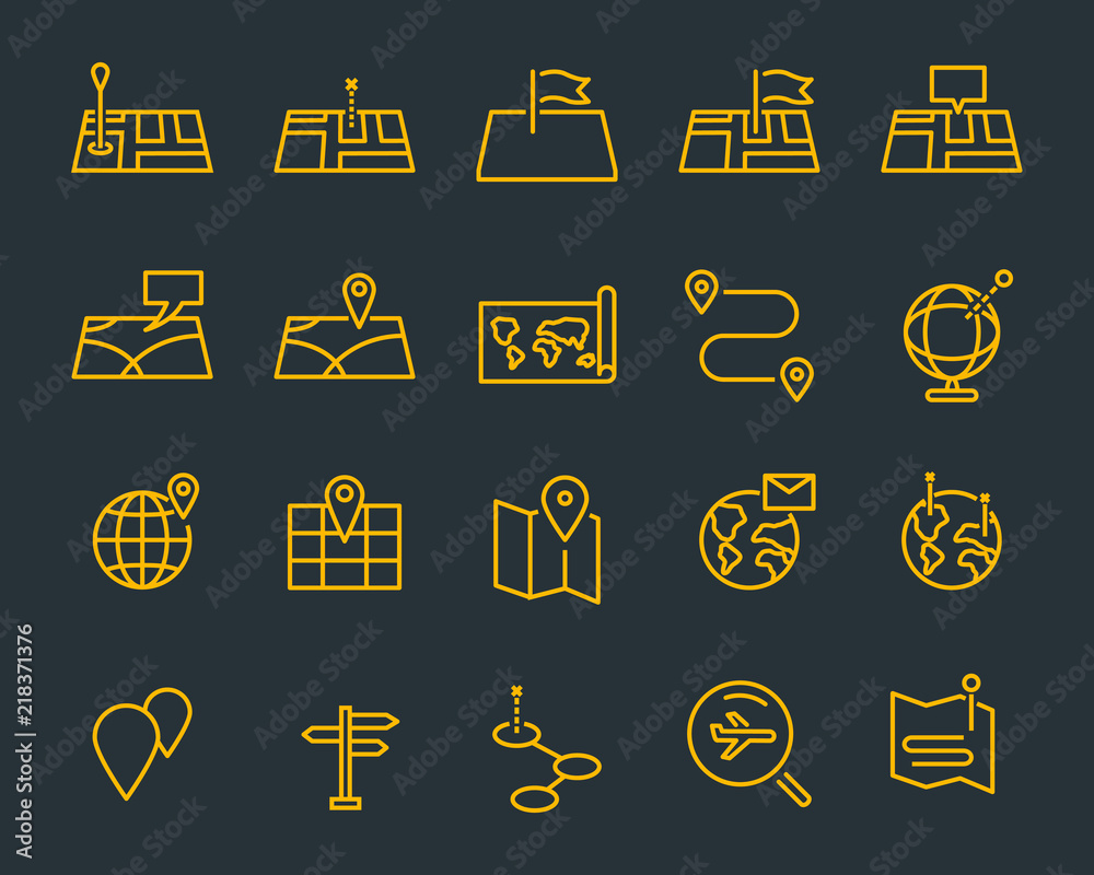 set of world map vector line icons, such as map, way, globe set of world map vector line icons, such as map, way, globe