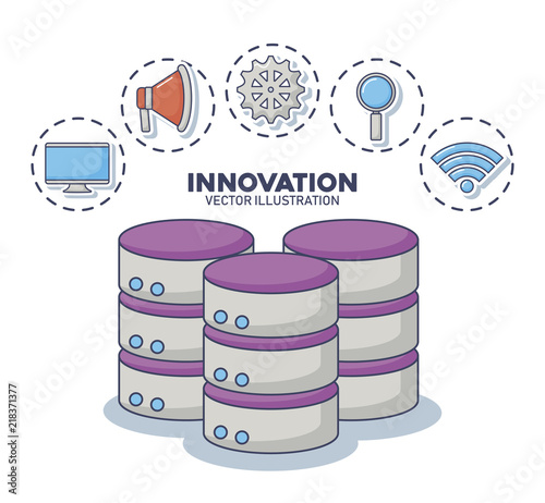 data servers with innovation and technology related icons around over white background, colorful design. vector illustration