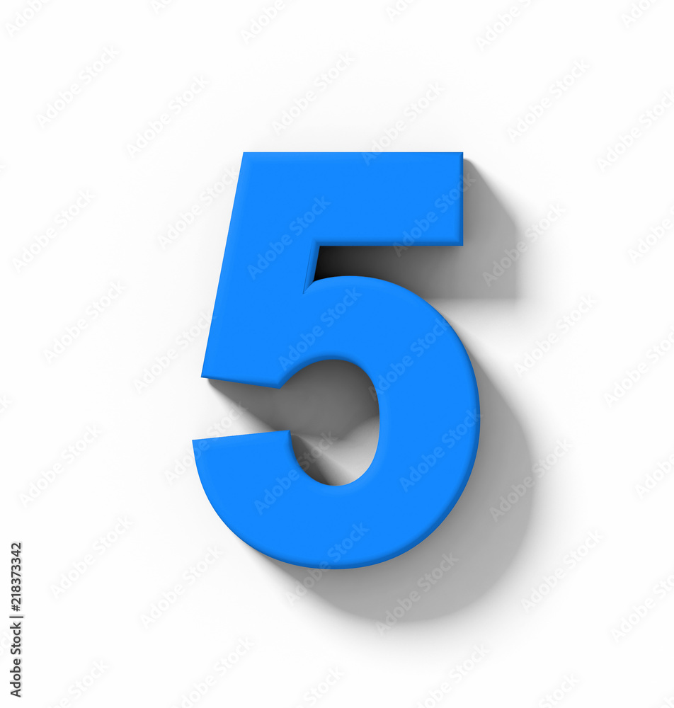 number 5 3D blue isolated on white with shadow - orthogonal projection