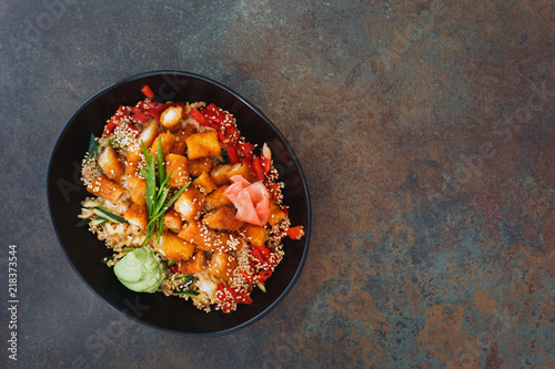 Chicken Katsu Don. Deep fried chicken rice bowl and ingredient on rice ready to eat. Top view, rustic surface, copy space