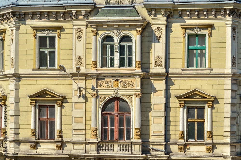 Beautiful architectural detail. Old historic facade of the municipal tenement in Bielsko-Biala, Poland.