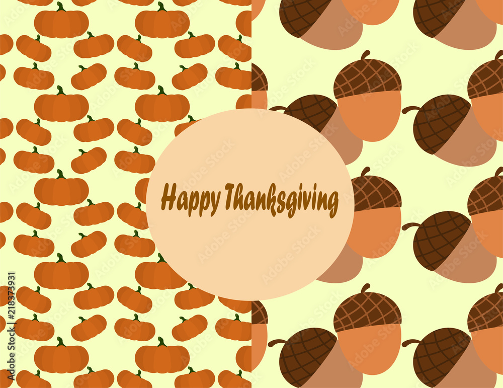 Flat vector patterns - the idea for greeting cards with Thanksgiving. Pumpkin flat pattern and acorn seamless pattern Flat vector patterns - the idea for greeting cards with Thanksgiving. Pumpkin flat pattern and acorn seamless pattern