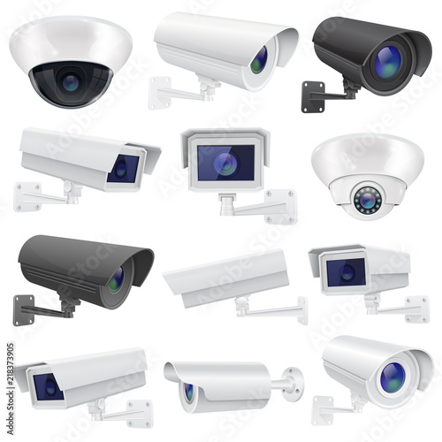 CCTV camera. Large collection of white and black security surveillance system. Wall and ceiling mounted
