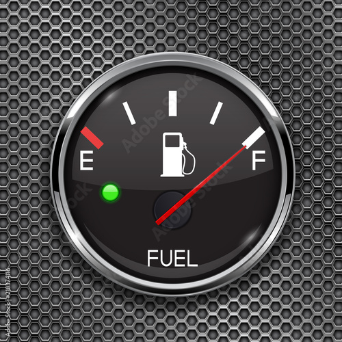Fuel gauge. Full tank. Round black car dashboard 3d device on metal perforated background