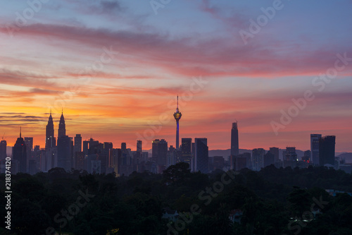 KUALA LUMPUR  MALAYSIA - 12th AUG 2018  Majestic sunset over Twin Towers and surrounded buildings in downtown Kuala Lumpur  Malaysia.