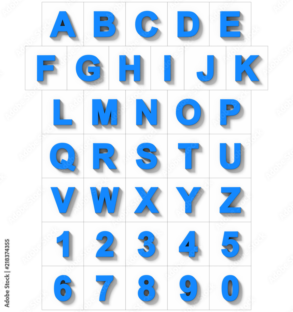 letters and numbers 3D blue isolated on white with shadow - orthogonal projection