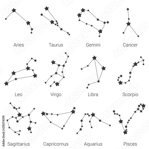 12 zodiac signs constellations isolated vector set. Aries Taurus Gemini Cancer Leo Virgo Libra Scorpio Sagittarius Aquarius Capricorn Pisces