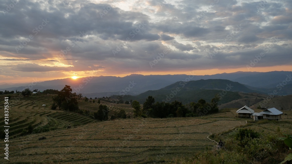 Sunset over rice terrace in the north of Thailand