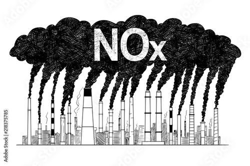 Vector artistic pen and ink drawing illustration of smoke coming from industry or factory smokestacks or chimneys into air. Environmental concept of nitrogen oxides or NOx air pollution. photo