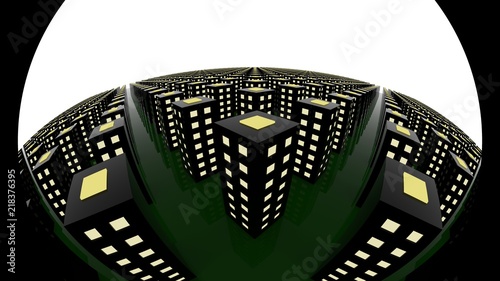 Many black identical simple multi-storey houses with yellow light in the windows and on the roof are on a glossy green lawn. Night city. Effect of fisheyes. 3d rendering. photo