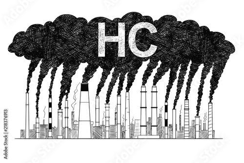 Vector artistic pen and ink drawing illustration of smoke coming from industry or factory smokestacks or chimneys into air. Environmental concept of HC or hydrocarbon air pollution.