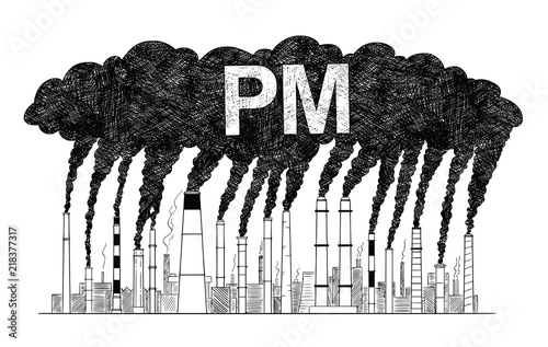 Vector artistic pen and ink drawing illustration of smoke coming from industry or factory smokestacks or chimneys into air. Environmental concept of particulate matter or PM air pollution.