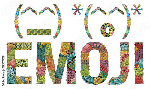 Word EMOJI unusually stylized . Vector decorative zentangle object