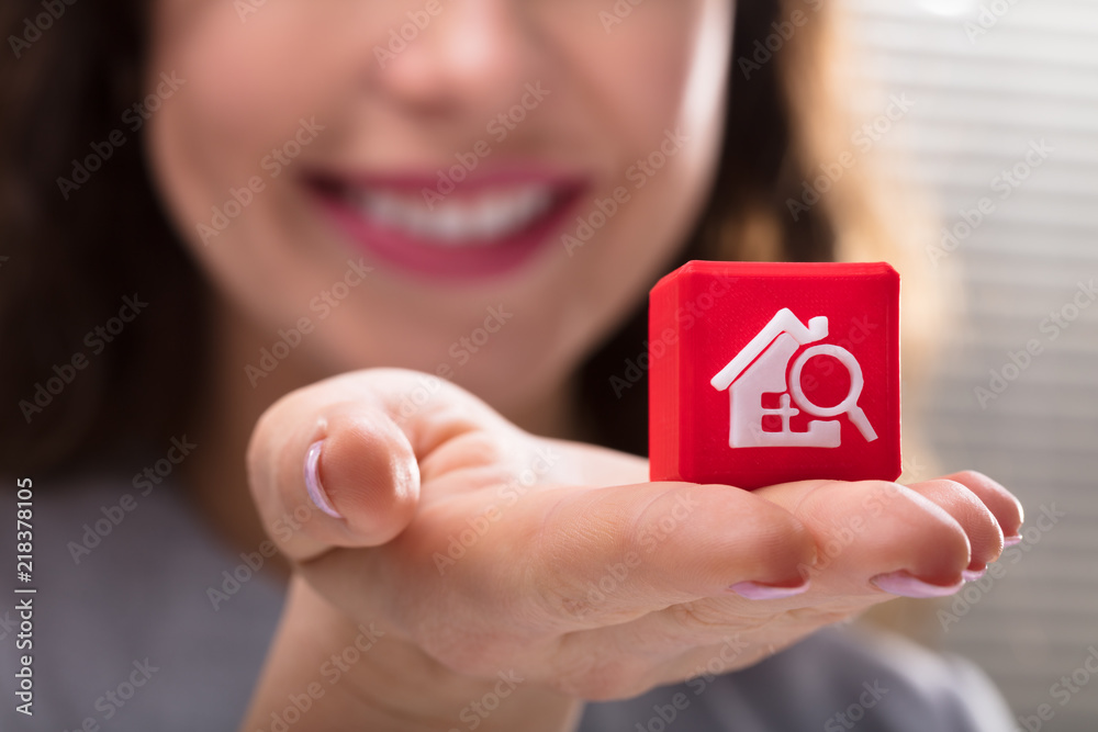 Woman Holding Cubic Block With Home Search Icon Woman Holding Cubic Block With Home Search Icon