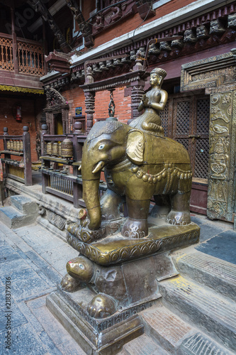 Sculptural composition with an elephant in a Buddhist temple, Nepal.
