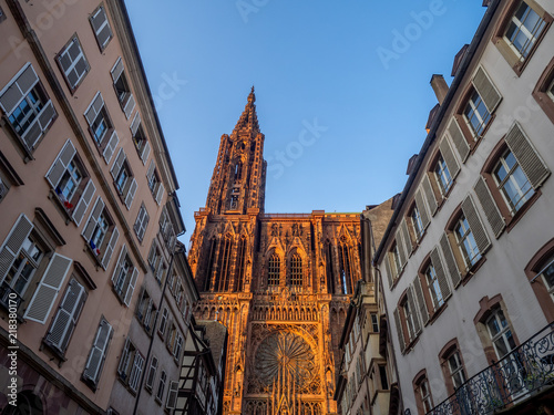 Cathedrale Notre-Dame or Cathedral of Our Lady of Strasbourg behind famous typical half-timbered houses, Alsace, France
