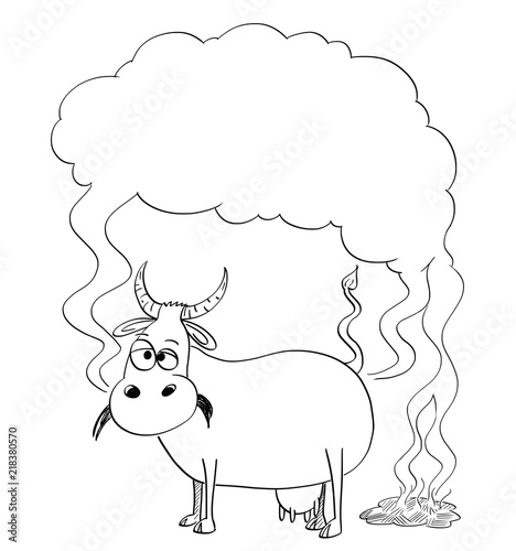 Vector artistic pen and ink black and white drawing illustration of cow producing methane or CH4. Environmental concept of air pollution and greenhouse gasses production. There is empty space for your