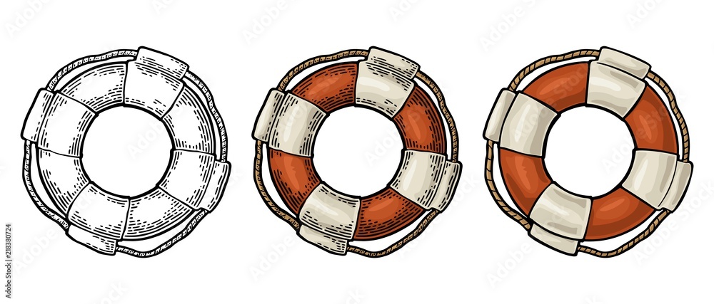 Lifebuoy with rope isolated on white background. Vector vintage engraving