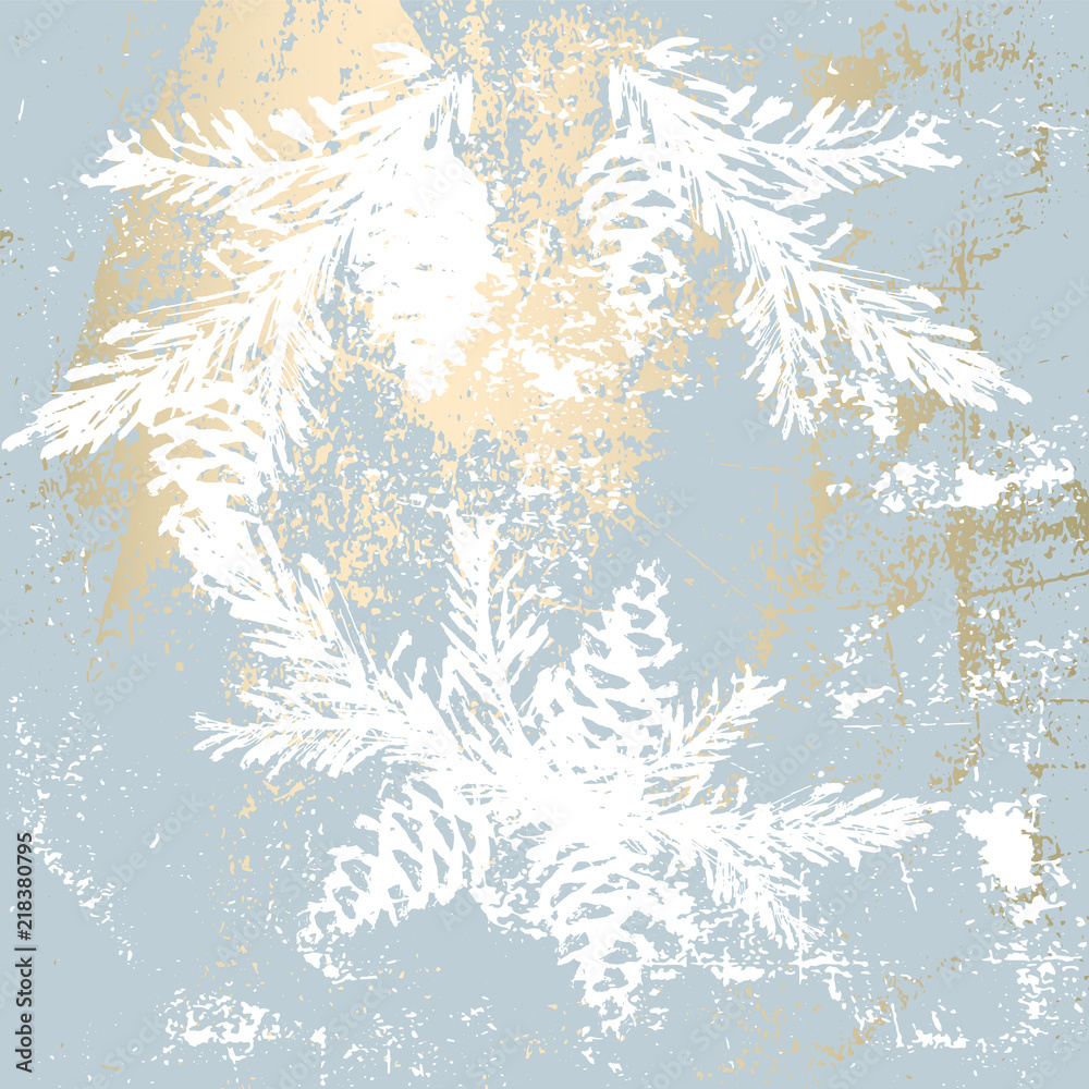 Trendy Chic Pastel colored background with Gold Foil shapes and painted christmas tree silhouettes. Abstract unusual textures for wallpaper, greeting cards, headers, decoration elements. Vector