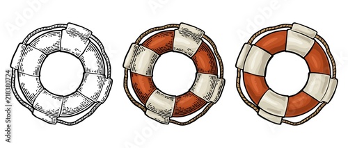 Lifebuoy with rope isolated on white background. Vector vintage engraving