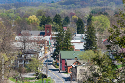 Aerial View of Rosendale, New York. Taken from the Rail Trail Bridge showing Main Street, Houses and Buildings. Small Town, USA