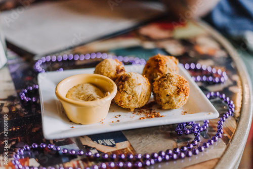 Fotografie Cajun appetizer, House made Boudin Balls served with creole mustard