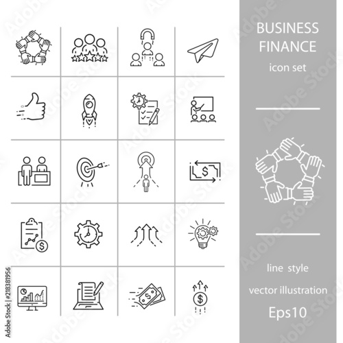 Business and finance, set of linear icons, vector. Contains such icons as taxes, business growth chart, handshake and more