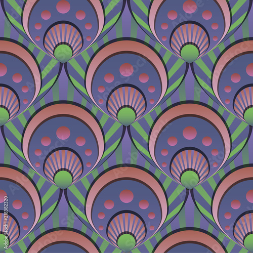 Vibrant gradient seamless fairy shells vector green and lilac pattern for fabric, textile, wrapping, craft, wallpaper