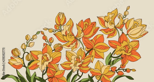 Hand drawn outline  yellow orchid flowers