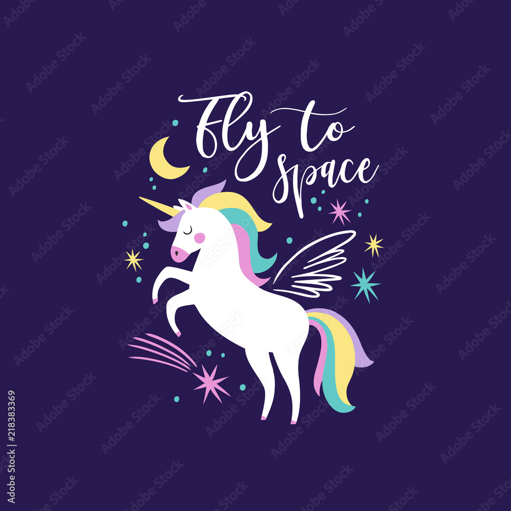 Hand drawn vector galaxy unicorns with text on dark blue background.  Perfect for tee-shirt logo, postcard or nursery decor. Stock Vector | Adobe  Stock