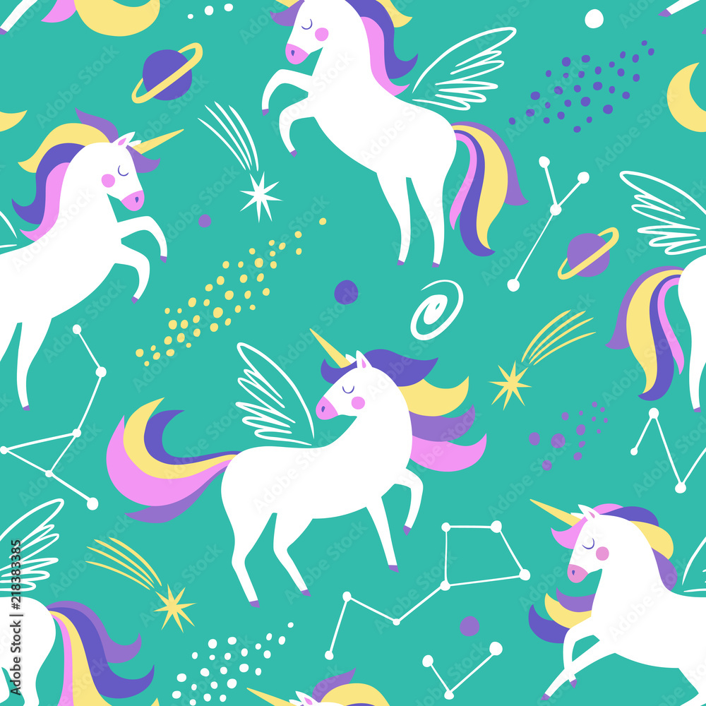 Hand drawn seamless vector pattern with cute unicorns, stars and planet. Repetitive wallpaper on turquoise background. Perfect for fabric, wallpaper, wrapping paper or nursery decor. Hand drawn seamless vector pattern with cute unicorns, stars and planet. Repetitive wallpaper on turquoise background. Perfect for fabric, wallpaper, wrapping paper or nursery decor.