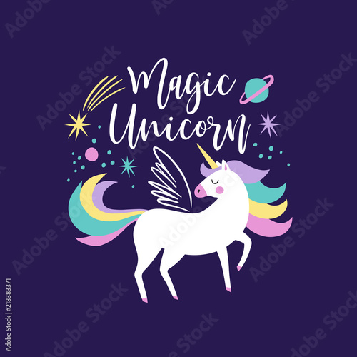 Hand drawn vector galaxy unicorns with text on dark blue background. Perfect for tee-shirt logo, postcard or nursery decor. 