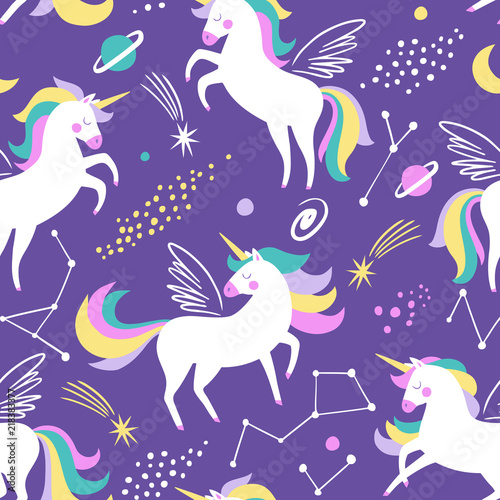 Hand drawn seamless vector pattern with cute unicorns  stars and planet. Repetitive wallpaper on purple background. Perfect for fabric  wallpaper  wrapping paper or nursery decor.