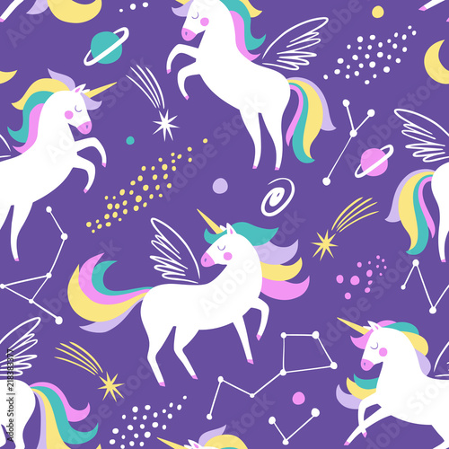 Hand drawn seamless vector pattern with cute unicorns, stars and planet. Repetitive wallpaper on purple background. Perfect for fabric, wallpaper, wrapping paper or nursery decor.